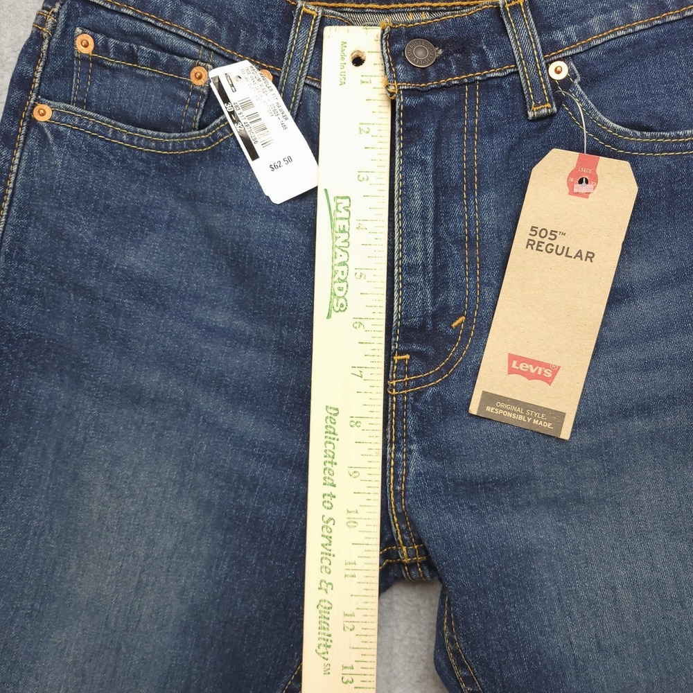 Levis 505‎ Regular Jeans Mens 30x32 Blue Stretch Denim Straight Leg Pants NEW - Picture 8 of 10